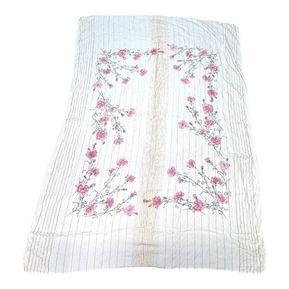 Vtg Pink Carnation Floral Print Tablecloth White Rectangular Spring Table Linen - Picture 1 of 4